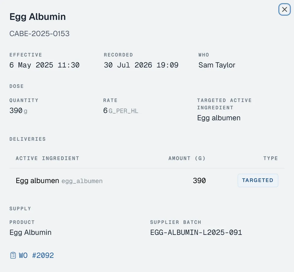 Egg Albumin addition detail showing lot, dose, operator, active ingredient delivery and supplier batch