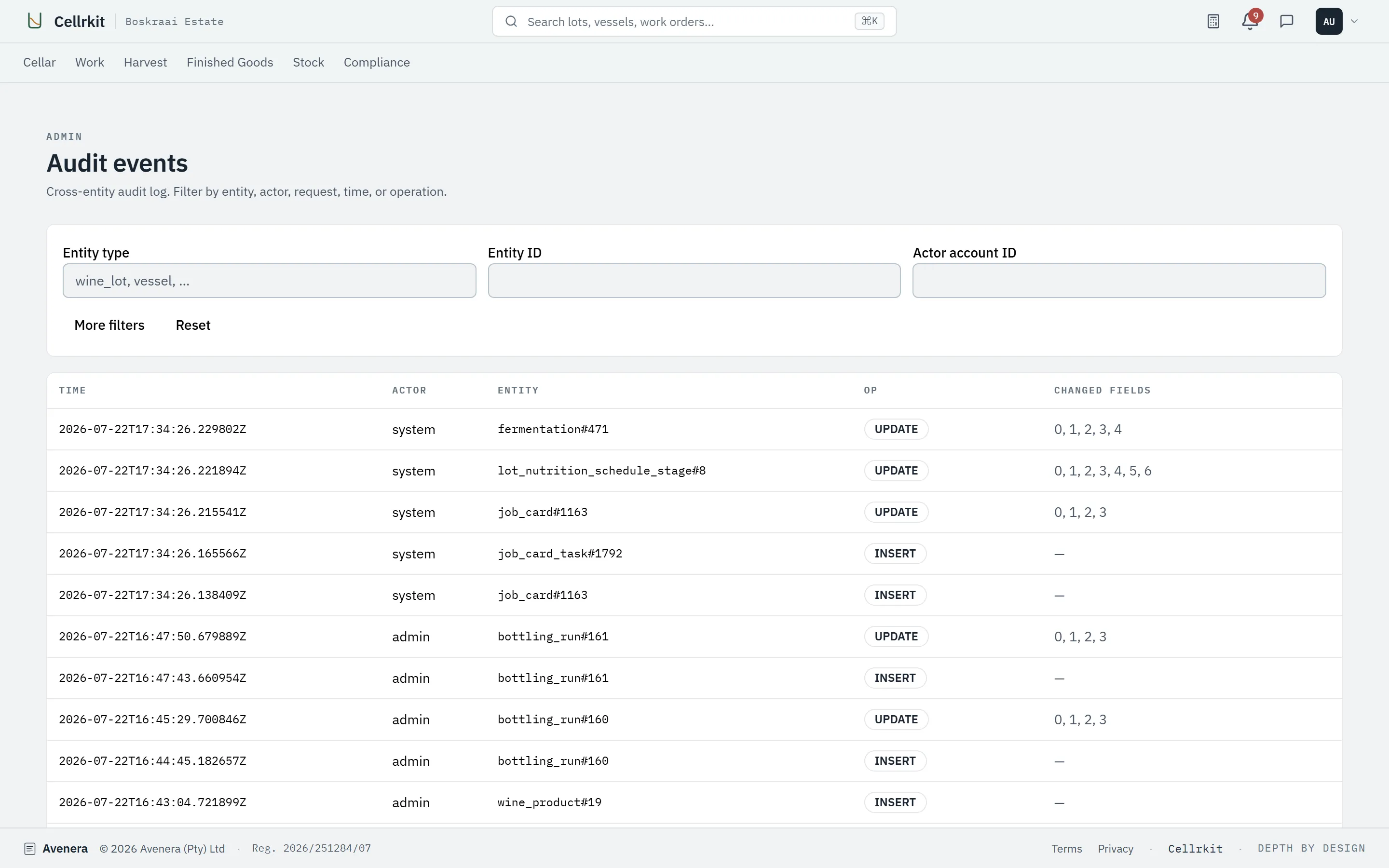 Audit events log showing time, actor, entity, operation and changed fields