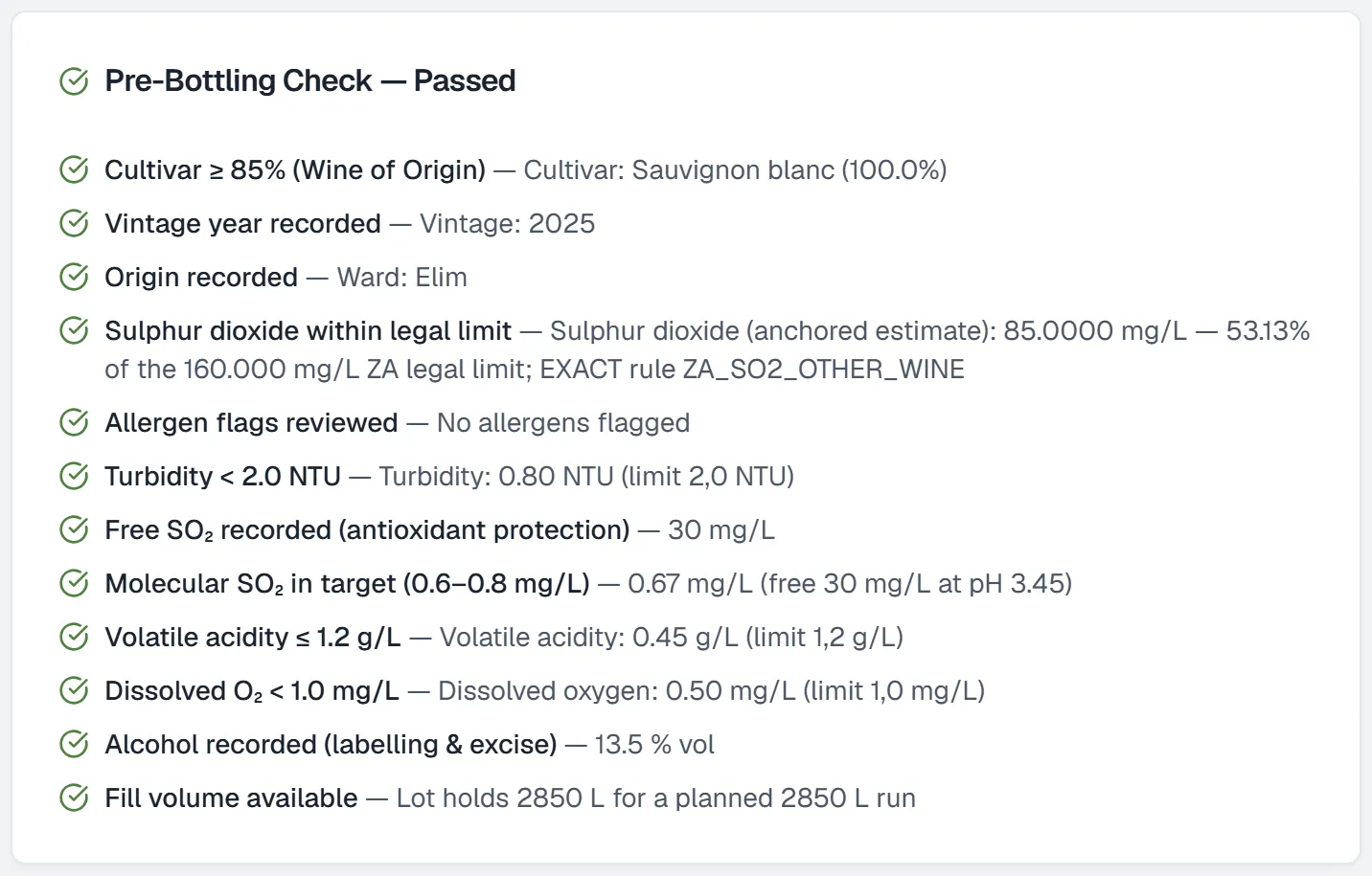 Completed bottling run with all pre-bottling checks passed against recorded values and limits