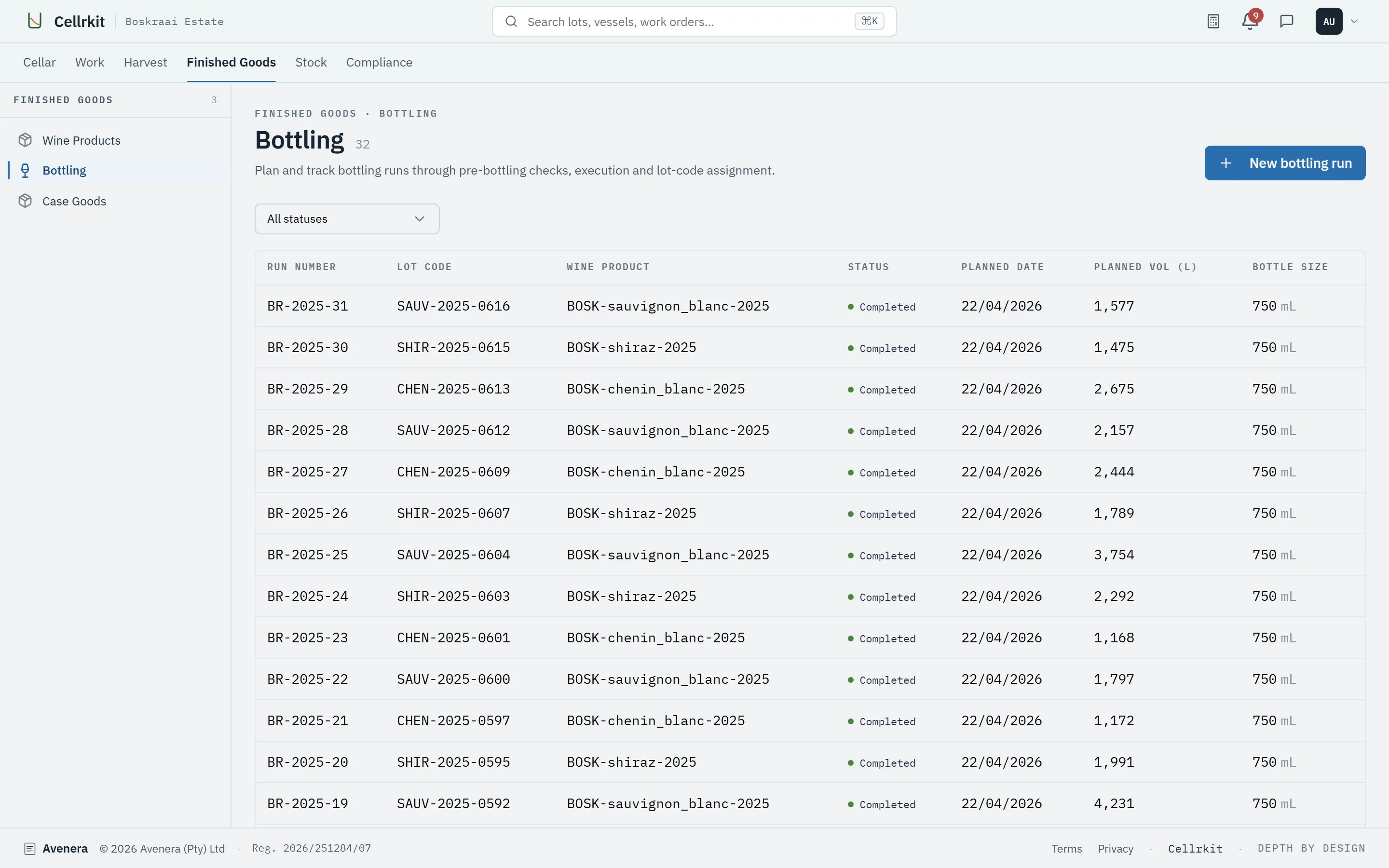 Bottling run list with statuses and products