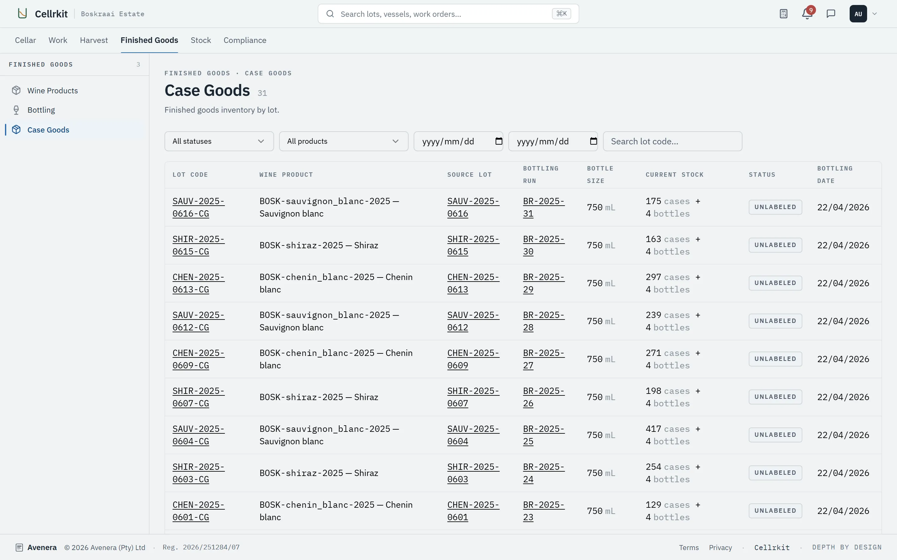 Case goods list filtered by product, bottling date and lot code