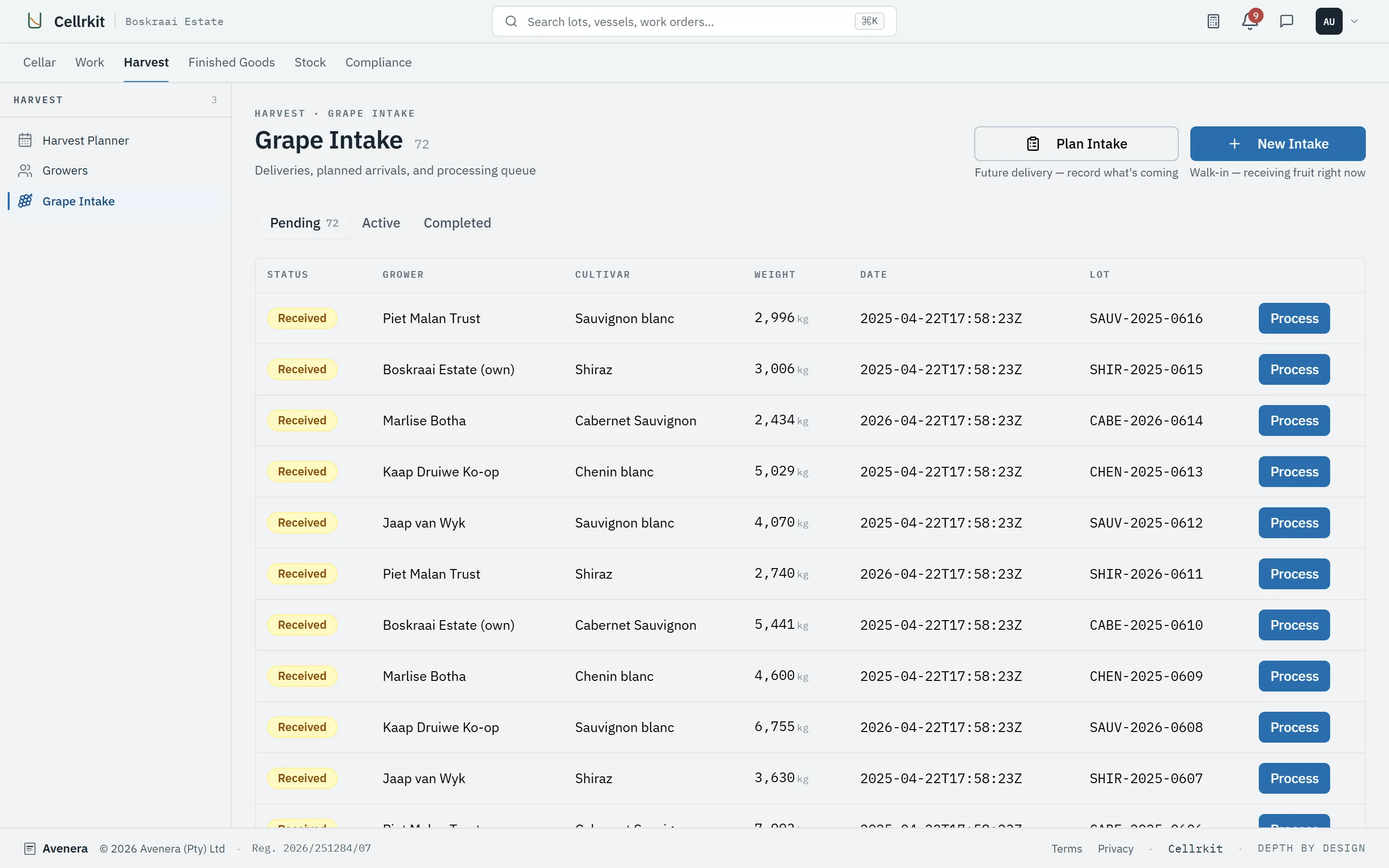 Grape intake list with growers, cultivars and delivered weights
