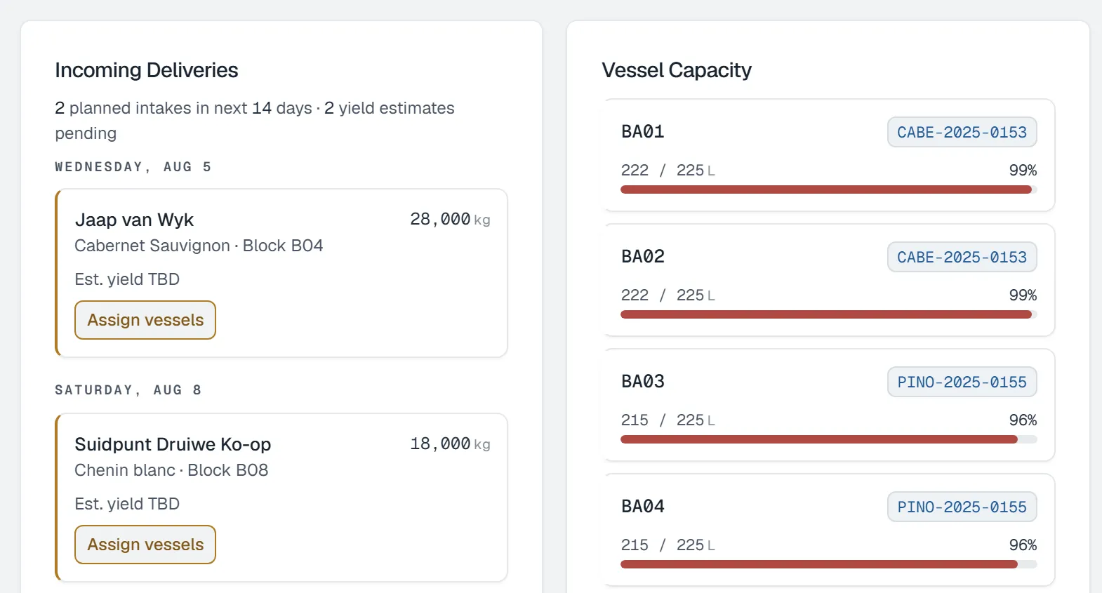 Harvest planner comparing two expected grape deliveries with available vessel capacity