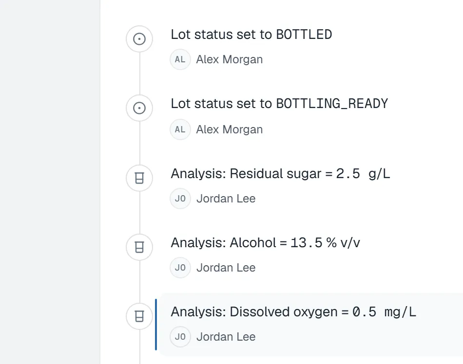 Lot lifecycle report for a bottled wine showing its production timeline in order