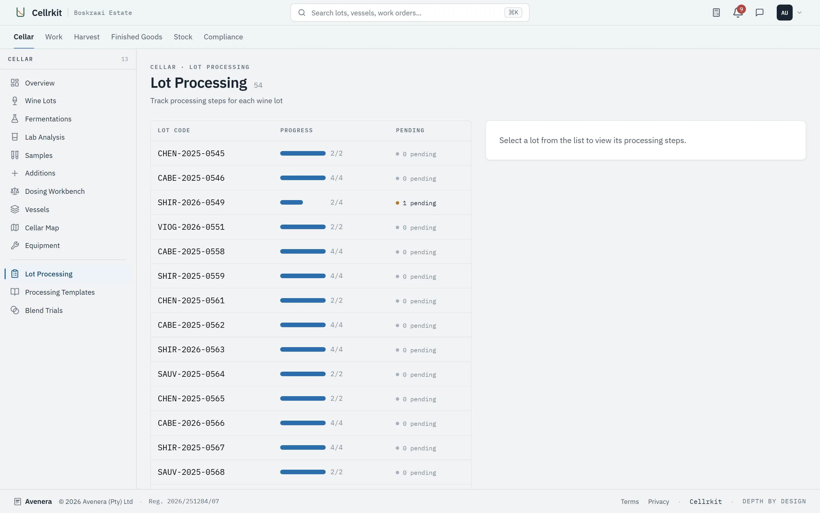 Lot processing list showing steps per wine lot
