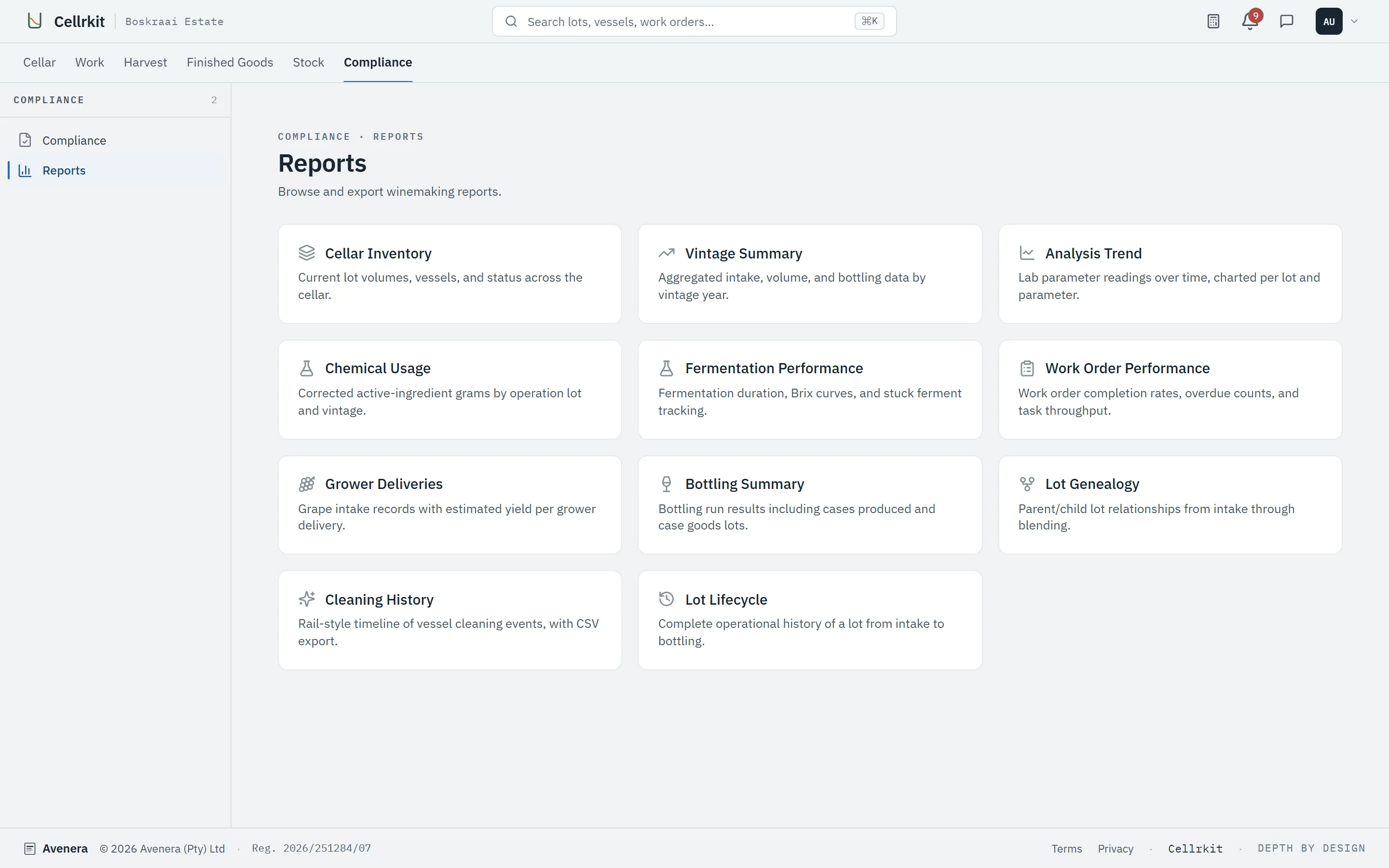 Reports index listing the named reports