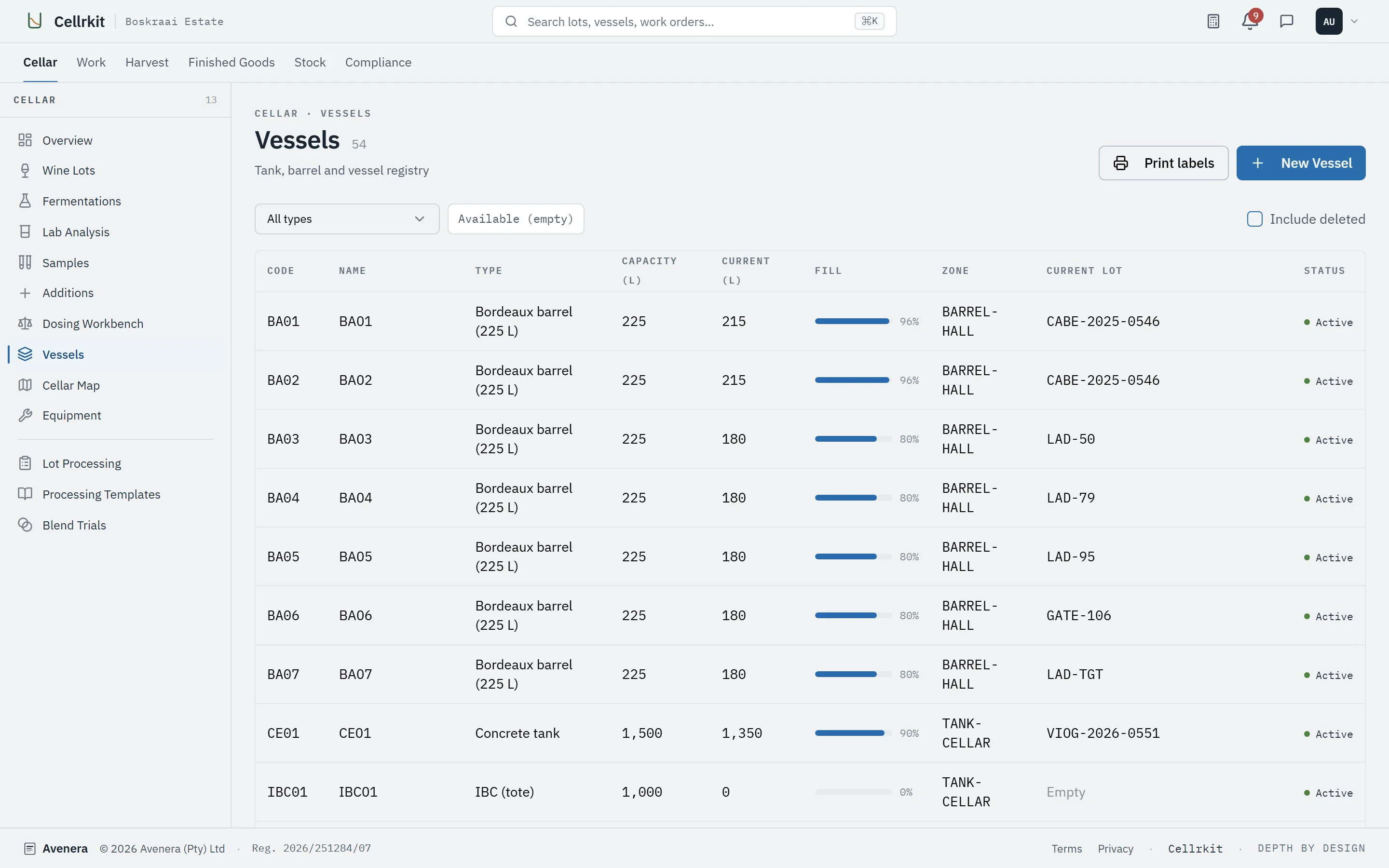 Vessel registry listing barrels and tanks with capacity, current volume and fill