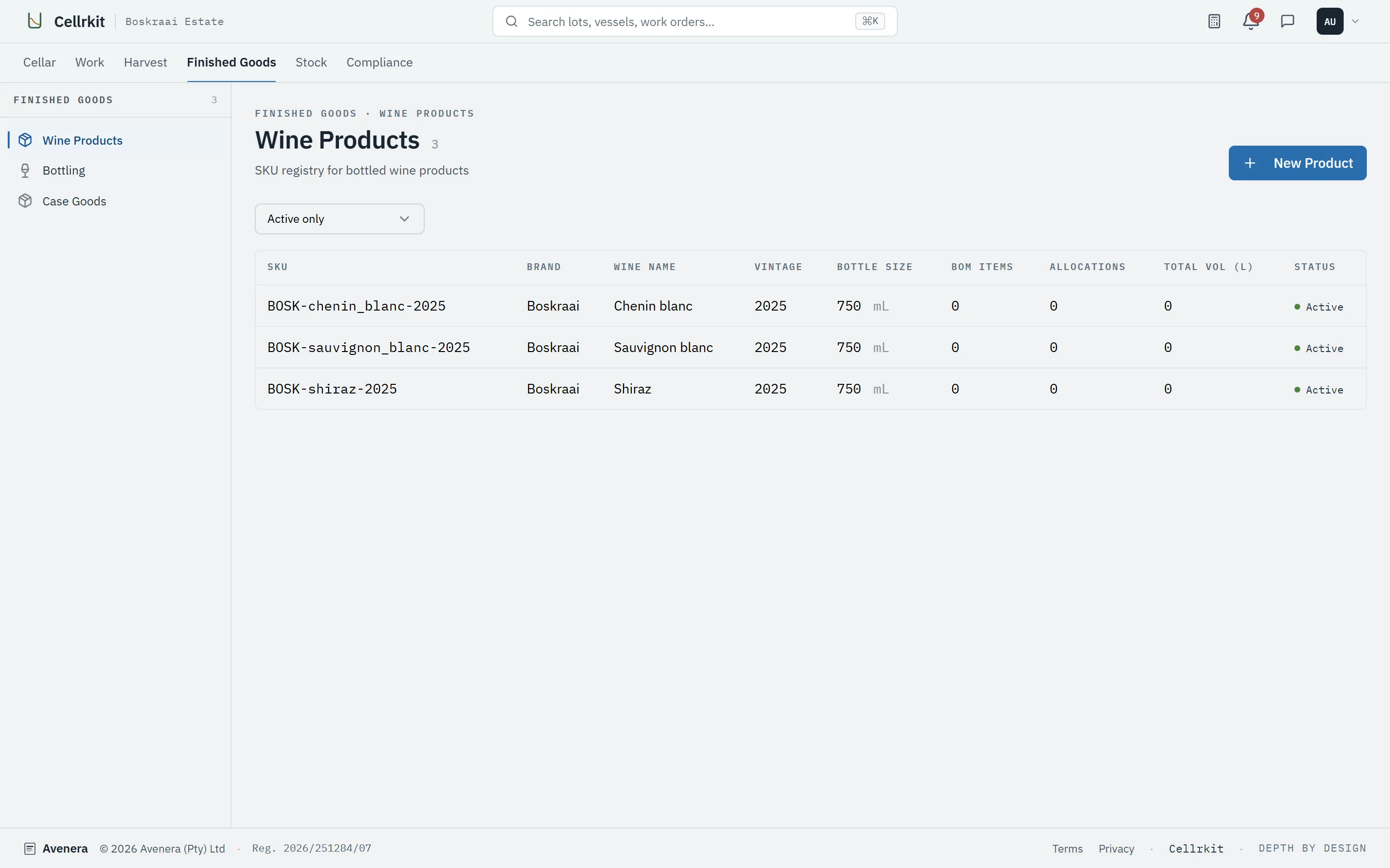 Wine product registry listing bottled product SKUs