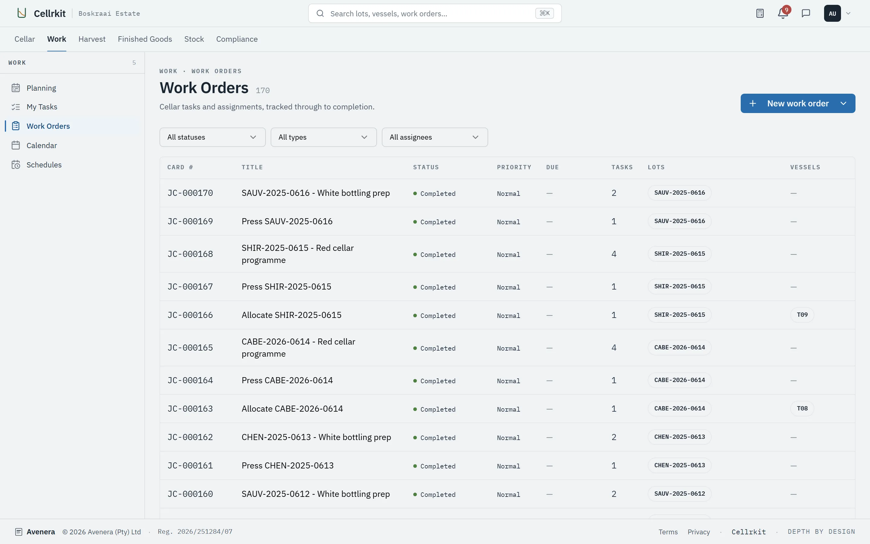 Work order list with card numbers, titles, statuses, tasks and lots